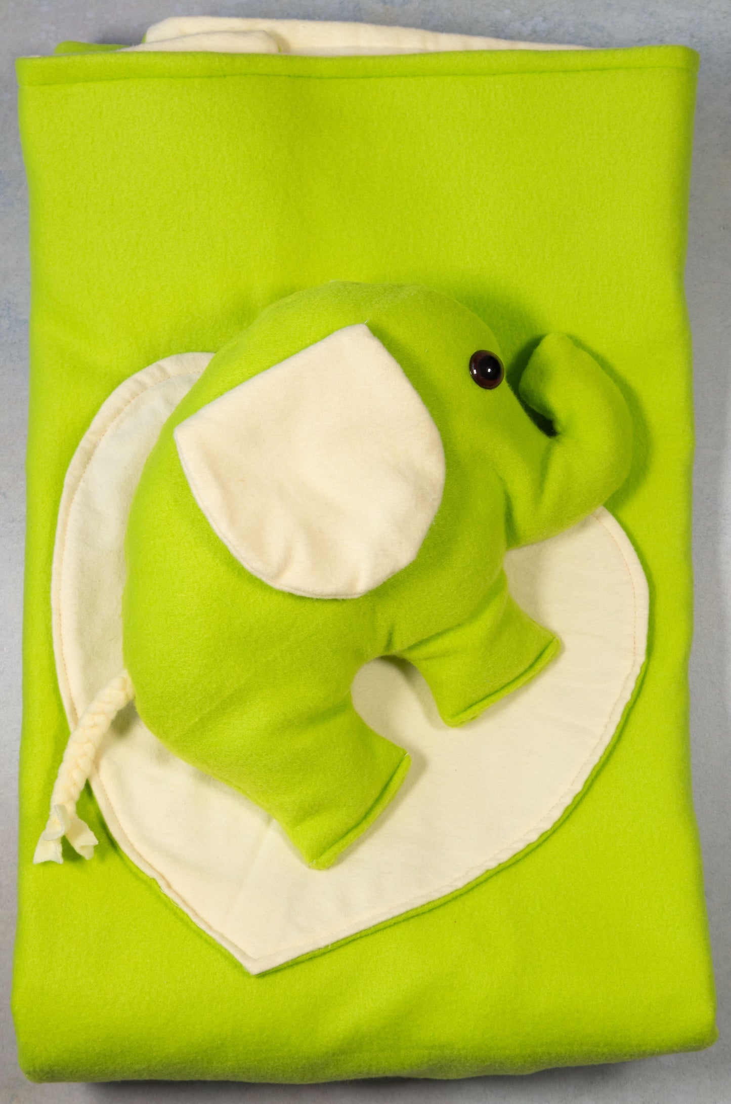 Children's Elephant Heart Blanket in Bright Lime Green Fleece and Light-Yellow Flannel