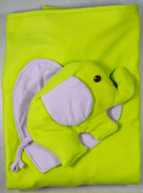 Children's Elephant Heart Blanket in Bright Lime Green Fleece and Light-Lavender Flannel