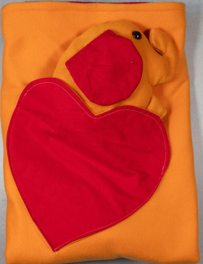 Children's Elephant Heart Blanket in Orange Fleece and Red Flannel