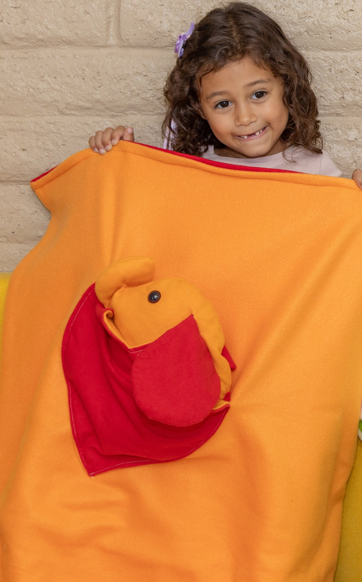 Children's Elephant Heart Blanket in Orange Fleece and Red Flannel