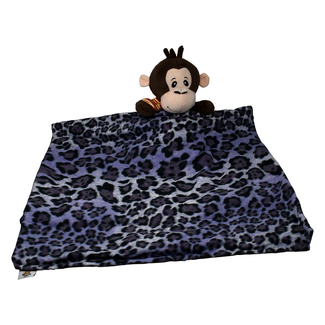 6lb purple leopard fleece and navy cotton weighted blanket with weighted monkey